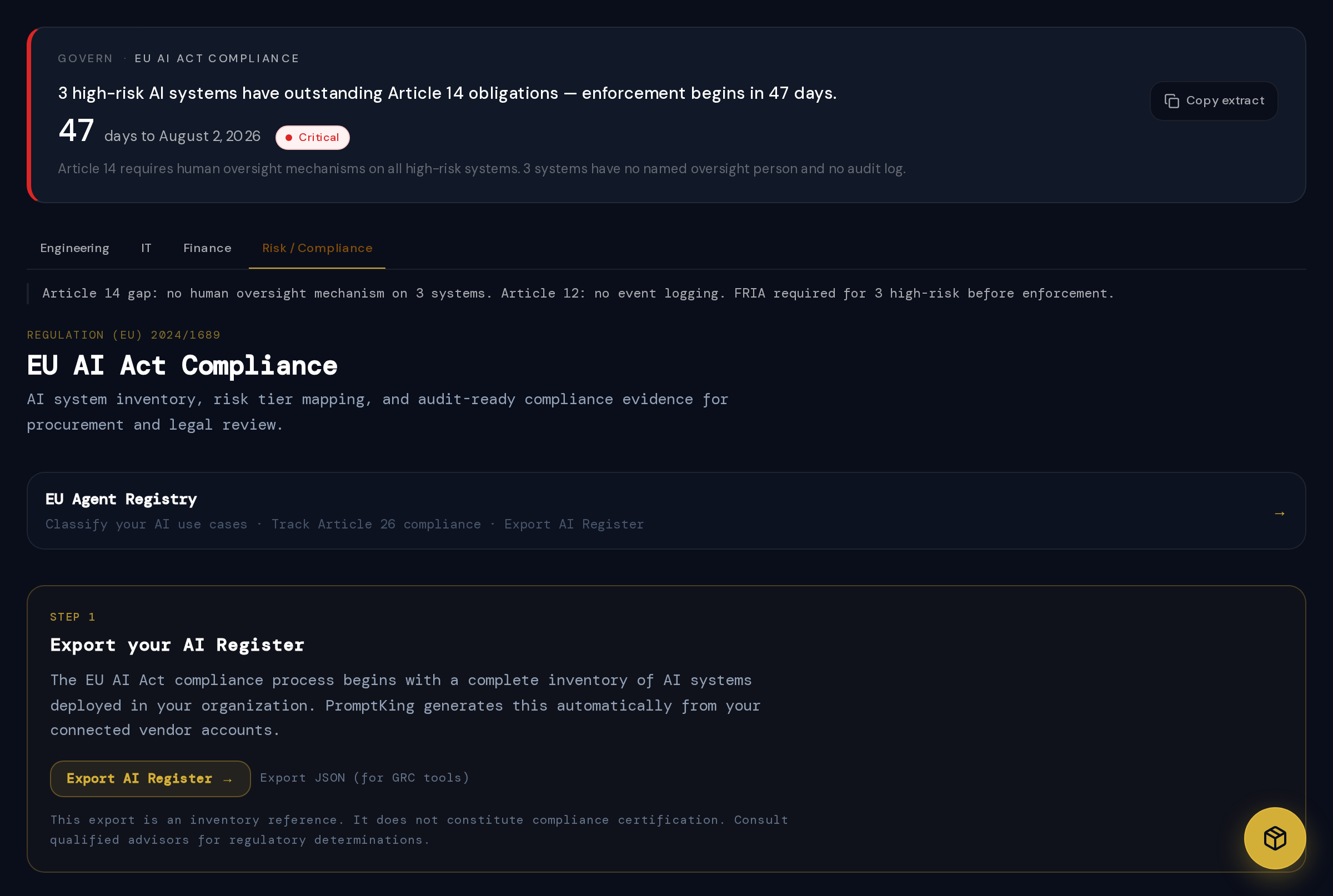 PromptKing Compliance dashboard — EU AI Act classification, deployer evidence, human oversight records